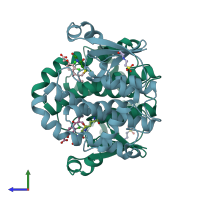 PDB entry 11gs coloured by chain, side view.