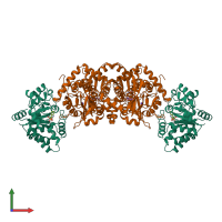 Hetero tetrameric assembly 1 of PDB entry 1a5b coloured by chemically distinct molecules, front view.