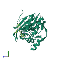 Monomeric assembly 1 of PDB entry 1a8t coloured by chemically distinct molecules, side view.