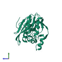 Monomeric assembly 2 of PDB entry 1a8t coloured by chemically distinct molecules, side view.