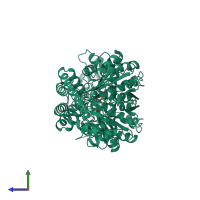 Homo dimeric assembly 1 of PDB entry 1ay5 coloured by chemically distinct molecules, side view.