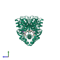 Homo dimeric assembly 1 of PDB entry 1bo6 coloured by chemically distinct molecules, side view.