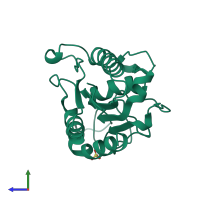 PDB entry 1bs9 coloured by chain, side view.