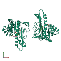 Homo dimeric assembly 1 of PDB entry 1c3e coloured by chemically distinct molecules, front view.