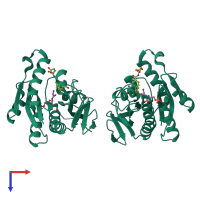 Homo dimeric assembly 1 of PDB entry 1c3e coloured by chemically distinct molecules, top view.