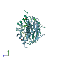 PDB entry 1c8t coloured by chain, side view.