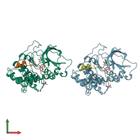 PDB entry 1cdk coloured by chain, front view.