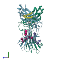 PDB entry 1dn2 coloured by chain, side view.