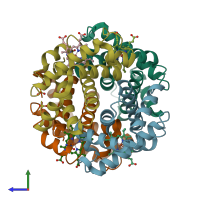 PDB entry 1dxu coloured by chain, side view.