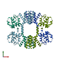 PDB entry 1dxx coloured by chain, front view.