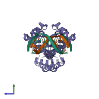 Hetero hexameric assembly 1 of PDB entry 1e3o coloured by chemically distinct molecules, side view.