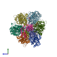 PDB entry 1e79 coloured by chain, side view.