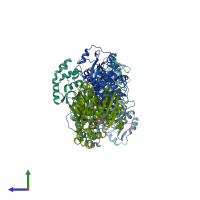 PDB entry 1ebu coloured by chain, side view.