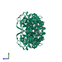 Homo dimeric assembly 1 of PDB entry 1emd coloured by chemically distinct molecules, side view.