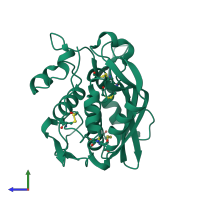 PDB entry 1ev8 coloured by chain, side view.