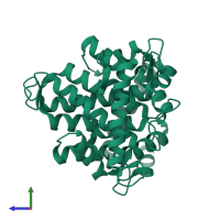 Homo dimeric assembly 1 of PDB entry 1f4q coloured by chemically distinct molecules, side view.
