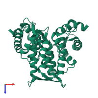 Homo dimeric assembly 1 of PDB entry 1f4q coloured by chemically distinct molecules, top view.