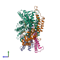 Hetero tetrameric assembly 1 of PDB entry 1fft coloured by chemically distinct molecules, side view.