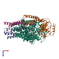 Hetero tetrameric assembly 2 of PDB entry 1fft coloured by chemically distinct molecules, top view.