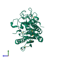 PDB entry 1fg5 coloured by chain, side view.