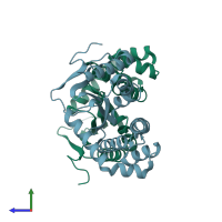 PDB entry 1fvj coloured by chain, side view.