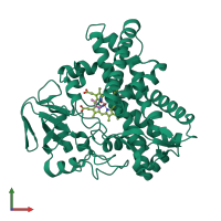 PDB entry 1gei coloured by chain, front view.