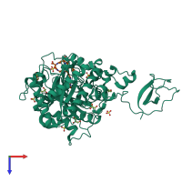 Hetero dimeric assembly 2 of PDB entry 1h0i coloured by chemically distinct molecules, top view.