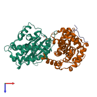 Hetero trimeric assembly 1 of PDB entry 1h25 coloured by chemically distinct molecules, top view.