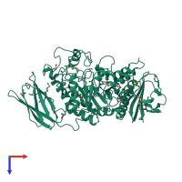 Monomeric assembly 2 of PDB entry 1h3g coloured by chemically distinct molecules, top view.