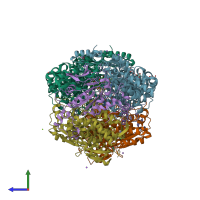 PDB entry 1hbm coloured by chain, side view.