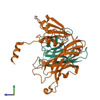 Hetero dimeric assembly 2 of PDB entry 1jk9 coloured by chemically distinct molecules, side view.