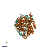 PDB entry 1kfk coloured by chain, side view.