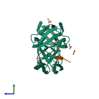 Hetero trimeric assembly 2 of PDB entry 1kj4 coloured by chemically distinct molecules, side view.
