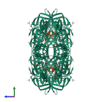 Hetero 24-meric assembly 3 of PDB entry 1kj4 coloured by chemically distinct molecules, side view.