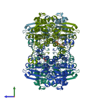 PDB entry 1ky4 coloured by chain, side view.