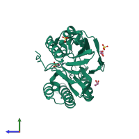Monomeric assembly 2 of PDB entry 1l9y coloured by chemically distinct molecules, side view.