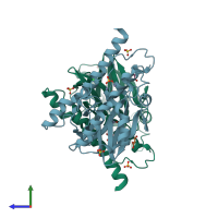 PDB entry 1l9y coloured by chain, side view.