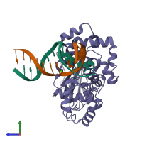 PDB entry 1m3q coloured by chain, side view.