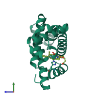 Monomeric assembly 2 of PDB entry 1mno coloured by chemically distinct molecules, side view.