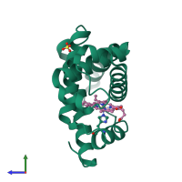 Monomeric assembly 1 of PDB entry 1mtj coloured by chemically distinct molecules, side view.