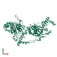 Homo dimeric assembly 1 of PDB entry 1mze coloured by chemically distinct molecules, front view.