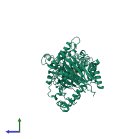 Homo dimeric assembly 1 of PDB entry 1mze coloured by chemically distinct molecules, side view.