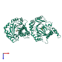 Homo dimeric assembly 1 of PDB entry 1mze coloured by chemically distinct molecules, top view.