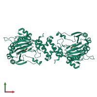 Homo dimeric assembly 2 of PDB entry 1mze coloured by chemically distinct molecules, front view.