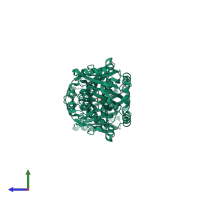 Homo dimeric assembly 2 of PDB entry 1mze coloured by chemically distinct molecules, side view.