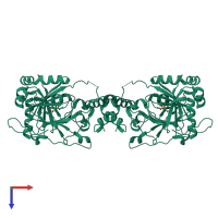 Homo dimeric assembly 2 of PDB entry 1mze coloured by chemically distinct molecules, top view.