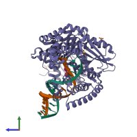 PDB entry 1nkc coloured by chain, side view.