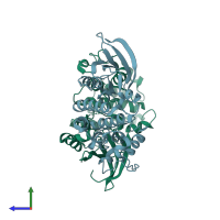 PDB entry 1ob3 coloured by chain, side view.