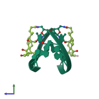 Homo dimeric assembly 1 of PDB entry 1on5 coloured by chemically distinct molecules, side view.