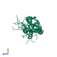 PDB entry 1oqa coloured by chain, ensemble of 15 models, side view.